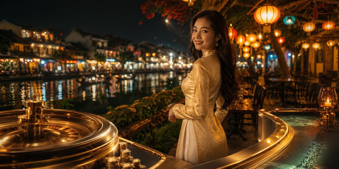 Người phụ nữ mặc áo dài trải nghiệm casino trực tuyến trong không gian Hội An cổ kính